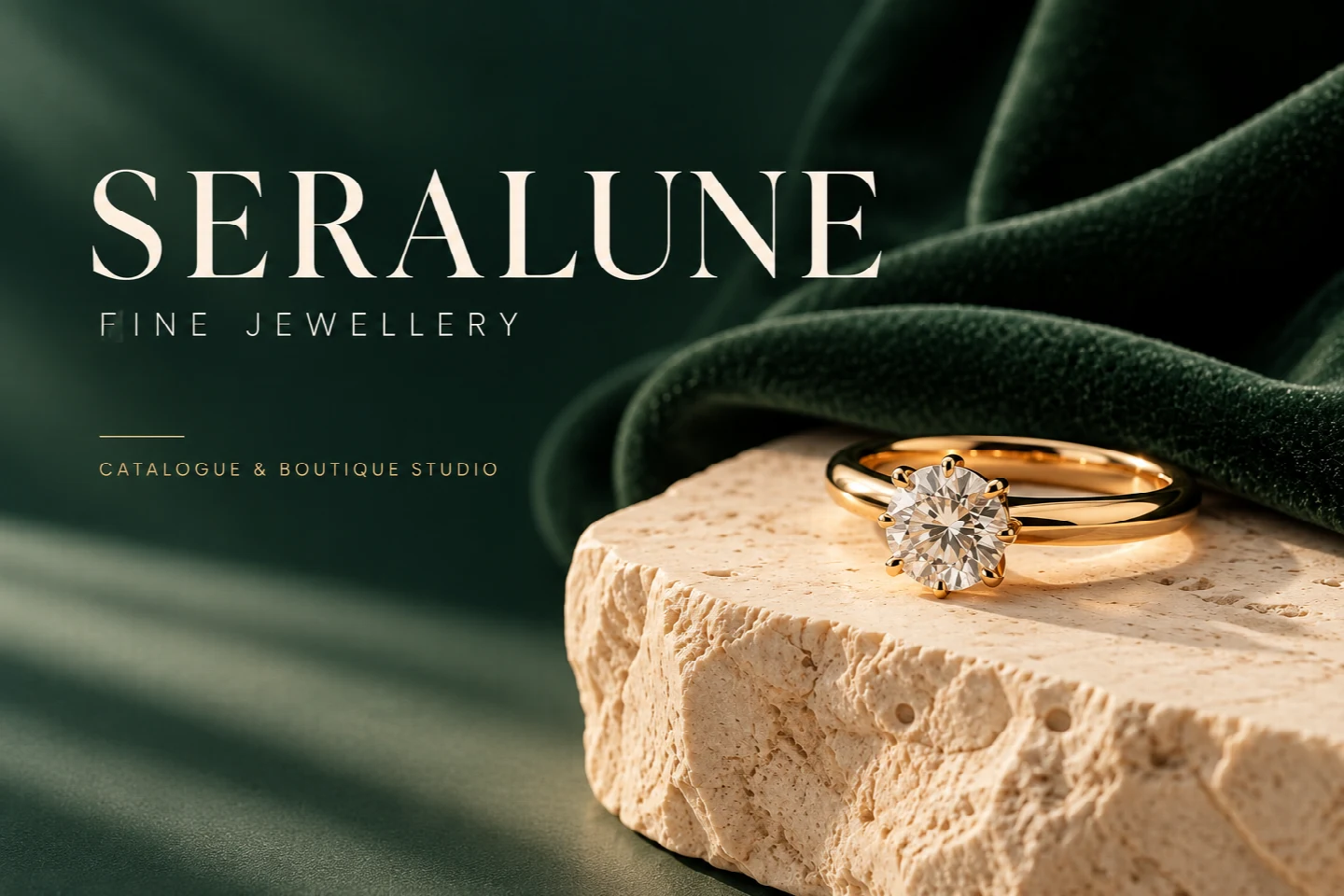 SERALUNE Fine Jewellery ภาพปกสีเขียวเข้มพร้อมแหวนทองประดับเพชรจำลอง สื่อถึงแคตตาล็อกและระบบดูแลร้านจิวเวลรี่