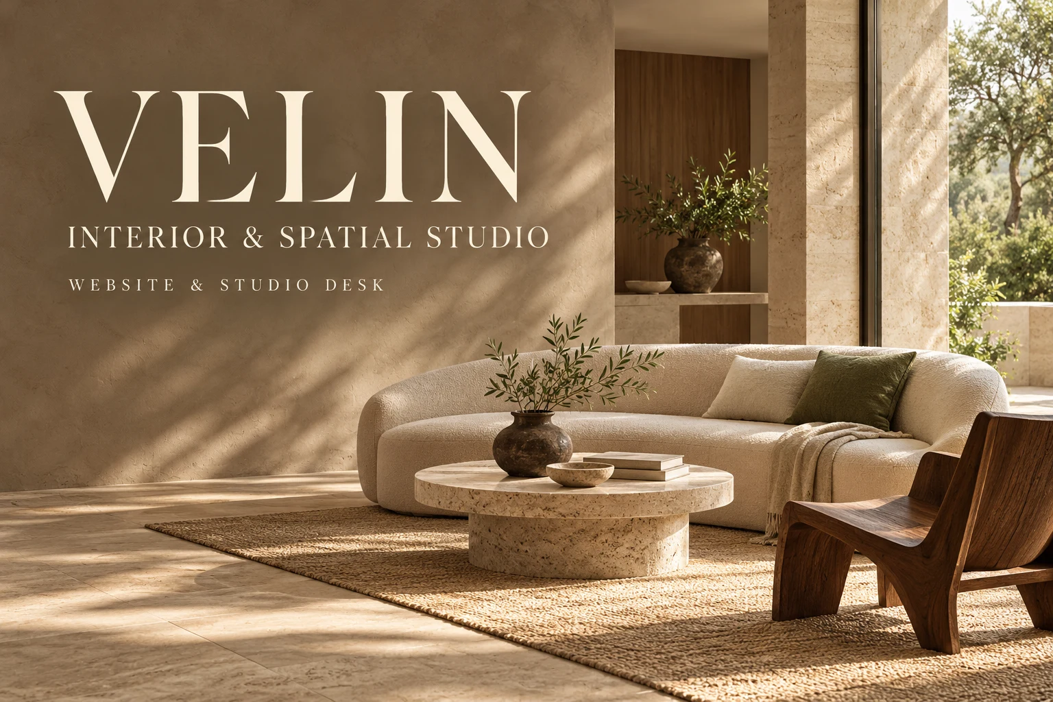 VELIN Interior & Spatial Studio ภาพปกสตูดิโอสมมติโทนครีมและไม้ แสดงชื่อแบรนด์กับพื้นที่ภายในแสงธรรมชาติ